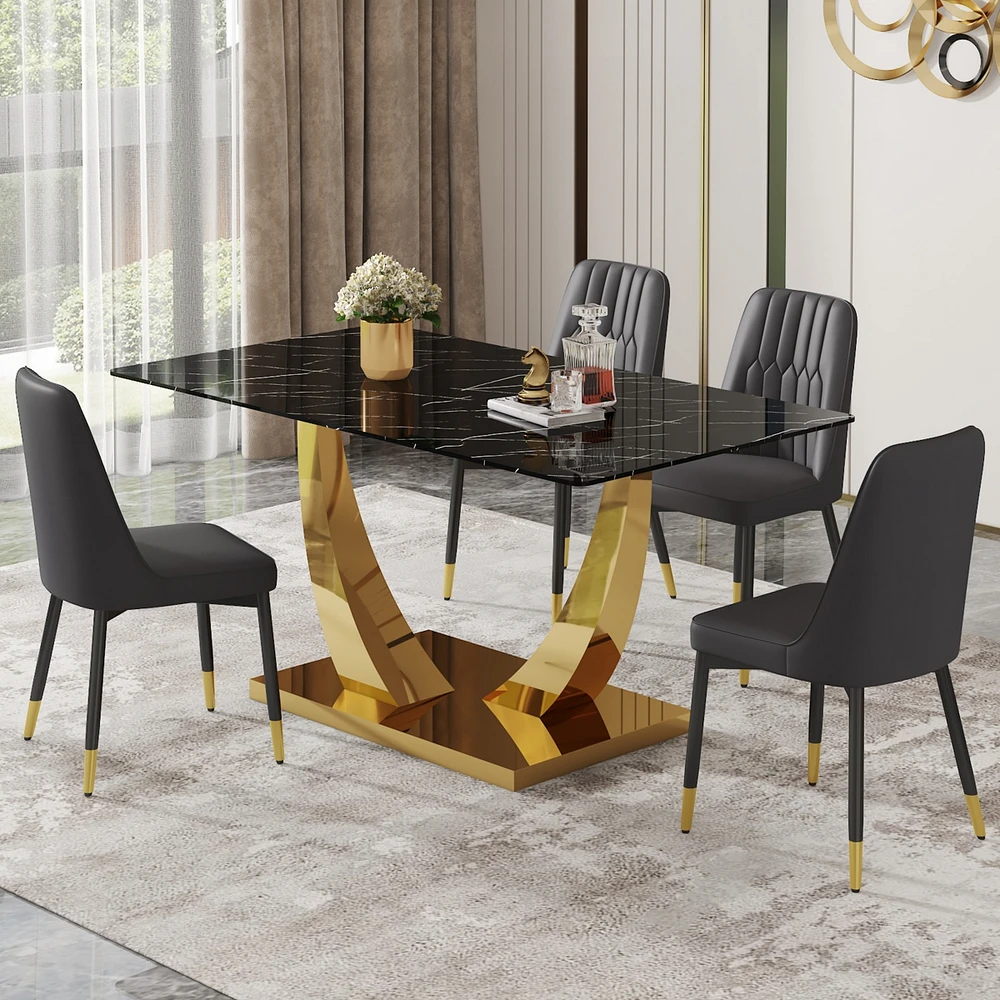 Simplie Fun Table and chair set.Modern rectangular dining table with black textured stickers glass tabletop and gold plated metal legs.Paired with 4 c