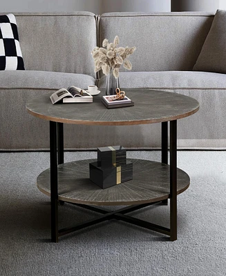 Streamdale Furniture 31.5" D x 31.5" W x 18.3" H Round Coffee Table With 2-Tier Storage, Farmhouse Living Room Cocktail Table With Black Metal Leg, Pa