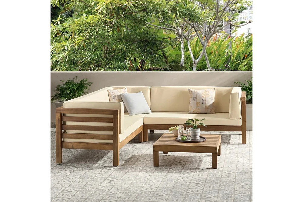 Simplie Fun Oana Outdoor Wooden Sectional Set With Cushions, Beige