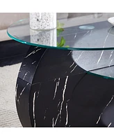 Modern and practical double-deck round table. Double storage space, made of glass tabletop and Mdf table legs. Suitable for living room and bedroom an
