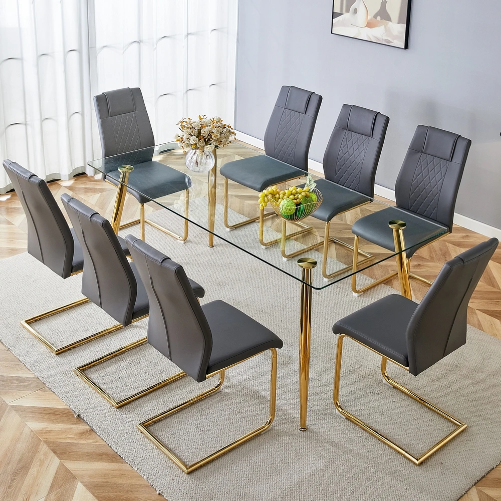 Simplie Fun Table and chair set.Modern rectangular glass dining table with a tempered glass tabletop and metal legs