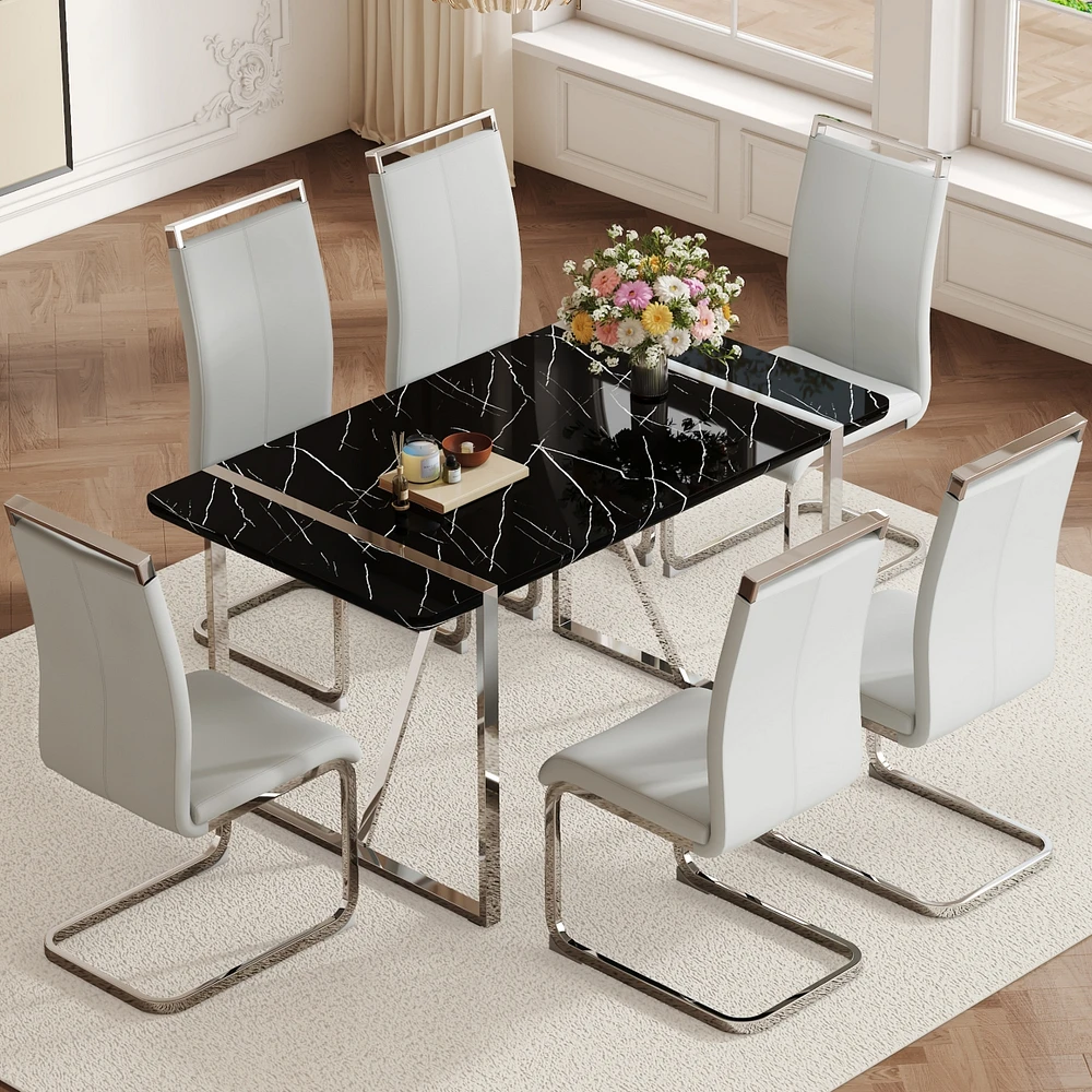 Simplie Fun Table and chair set.a rustic industrial rectangular Mdf black dining table with Mdf desktop and electroplated silver metal legs.Paired wit