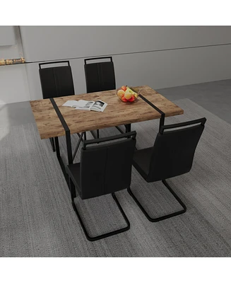 Simplie Fun 55" Rural Industrial Rectangular Mdf Dark Wood Dining Table Set and Pu Armless Dining Chair Set 4