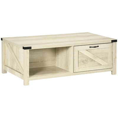 Farmhouse Coffee Table with Storage and Drawer, Rustic Coffee Table for Living Room, Open Shelf, Pale Oak