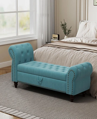 Streamdale Furniture 64.5" Bed Bench for Bed Room Nails Tufted Chaise of Lounge with Storage Velvet Upholstery Lake Blue