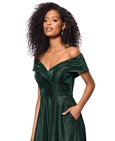 Xscape Women's Off-The-Shoulder Shimmer Wrap Style Gown