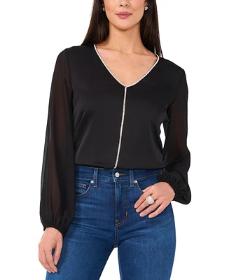 Vince Camuto Women's Rhinestone-Trim Sheer-Sleeve Top