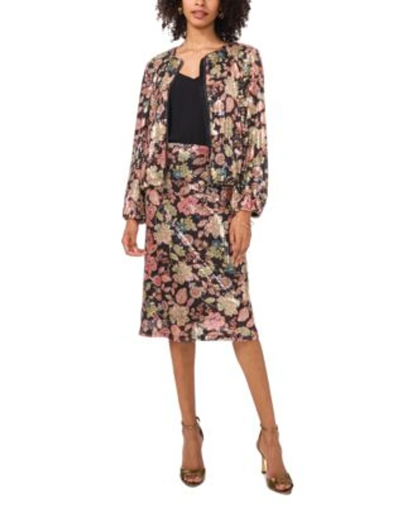 Vince Camuto Womens Floral Print Sequined Bomber Jacket A Line Skirt
