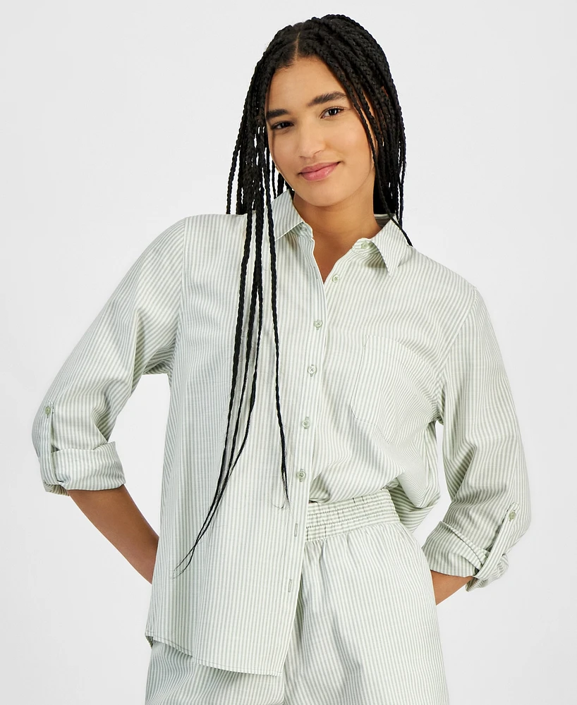 Hippie Rose Juniors' Button-Front Long Sleeve Striped Shirt