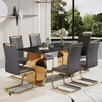 Simplie Fun Table and chair set, Modern rectangular table with 0.4 inch black patterned tabletop and gold legs, suitable for kitchen, dining room, and