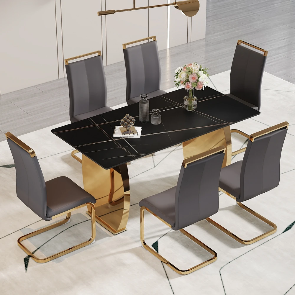 Simplie Fun Table and chair set, Modern rectangular table with 0.4 inch black patterned tabletop and gold legs, suitable for kitchen, dining room, and