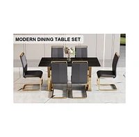 Simplie Fun Table and chair set, Modern rectangular table with 0.4 inch black patterned tabletop and gold legs, suitable for kitchen, dining room, and