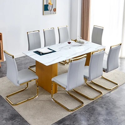 Streamdale Furniture Table and chair set.Large modern rectangular table with 0.4 inch patterned glass tabletop and large Mdf table legs.Comes with 8 c