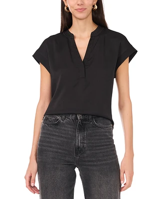 Vince Camuto Women's Mixed-Media Split-Neck Short-Sleeve Top