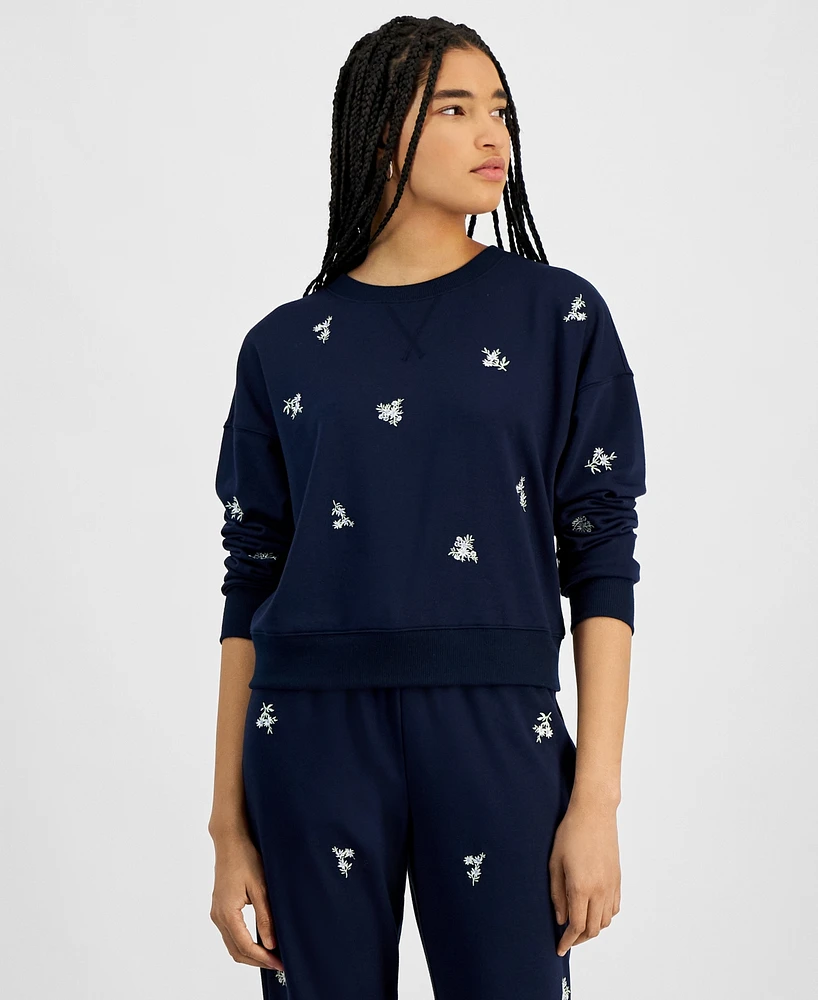 Hippie Rose Juniors' Embroidered Fleece Crewneck Sweatshirt