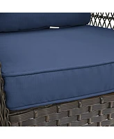 3 Pieces Conversation Set, Outdoor Wicker Rocker Swivel Patio Bistro Set, Rocking Chair with Glass Top Side Table, Navy Blue