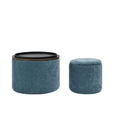 2-Piece Set Round Chenille Storage Ottoman, Equipped with a Drum Shaped Small Stool, Storage Space