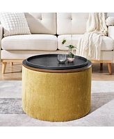 2-Piece Set Round Chenille Storage Ottoman, Equipped with a Drum Shaped Small Stool, Storage Space, and Mdf Made Desktop Panel (Dark Yellow 23.62"