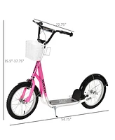 Streamdale Furniture Youth Scooter, Kick Scooter with Adjustable Handlebars, Double Brakes, 16" Inflatable Rubber Tires, Basket, Cupholder, Pink