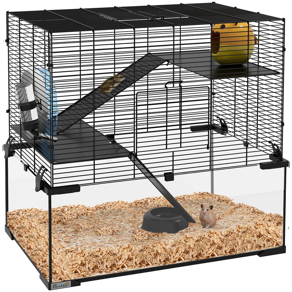 Hamster Cage, 23.5" Gerbil Cage with Glass Basin, Ramps, Platforms, Hut, Exercise Wheel, for Small Hamsters, Black
