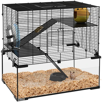 Hamster Cage, 23.5" Gerbil Cage with Glass Basin, Ramps, Platforms, Hut, Exercise Wheel, for Small Hamsters, Black