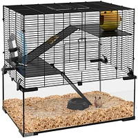 Hamster Cage, 23.5" Gerbil Cage with Glass Basin, Ramps, Platforms, Hut, Exercise Wheel, for Small Hamsters, Black