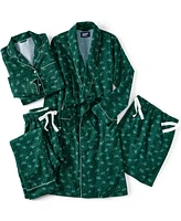 Lands' End Women's Drapey Flannel 4 Piece Pajama Set - Long Sleeve Top and Pants Robe Bag