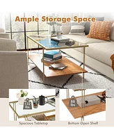 Gymax Coffee Table Rectangle Glass Top w/ Storage Shelf & Gold Steel Frame Living Room