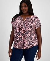 Tommy Hilfiger Plus Floral-Print Pintuck Split-Neck Top