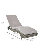 Chaise Lounge Pool Chair, Outdoor Pe Rattan Cushioned Patio Sun Lounger w/ 5-Level Adjustable Backrest & Wheels for Easy Movement, Wicker, Gray