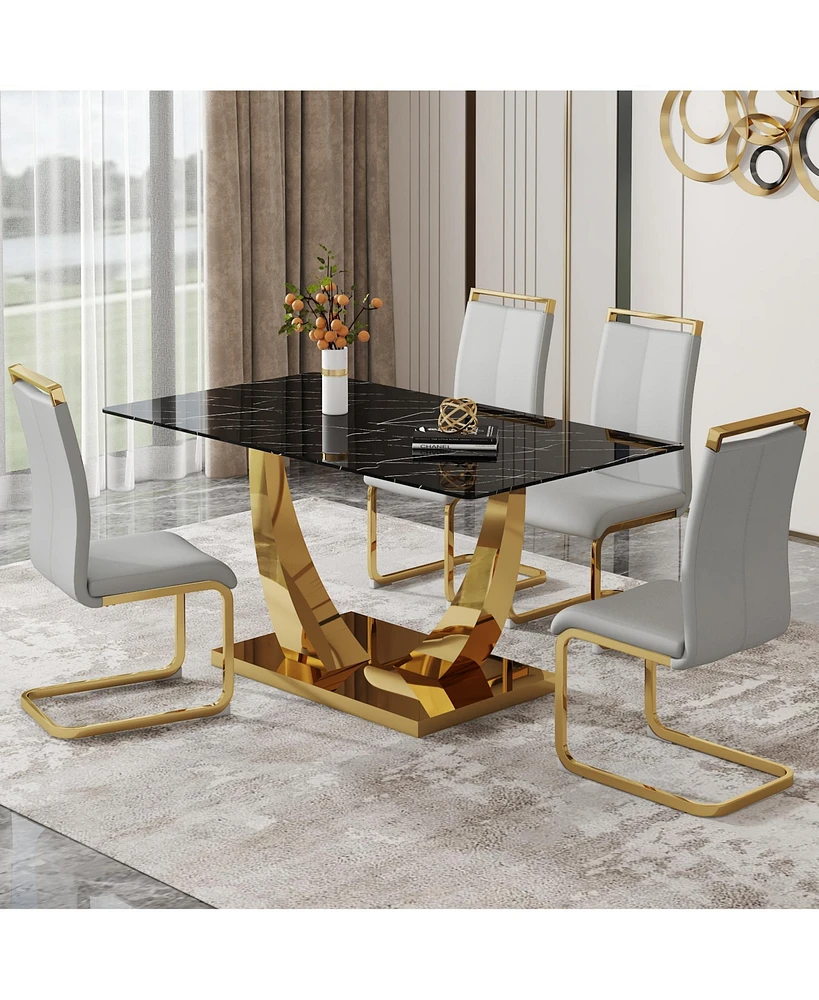 Streamdale Furniture Table and chair set.Modern rectangular dining table with black textured stickers glass tabletop and gold plated metal legs.Paired