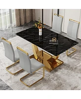 Streamdale Furniture Table and chair set.Modern rectangular dining table with black textured stickers glass tabletop and gold plated metal legs.Paired