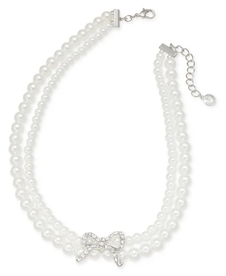 Charter Club Silver-Tone Pave Bow & Imitation Pearl Layered Necklace, 16" + 2" extender, Created for Macy's