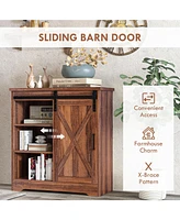 Farmhouse Coffee Bar Cabinet, 33" Buffet Sideboard with Sliding Barn Door and Adjustable Shelf, Kitchen Buffet Cabinet, Brown