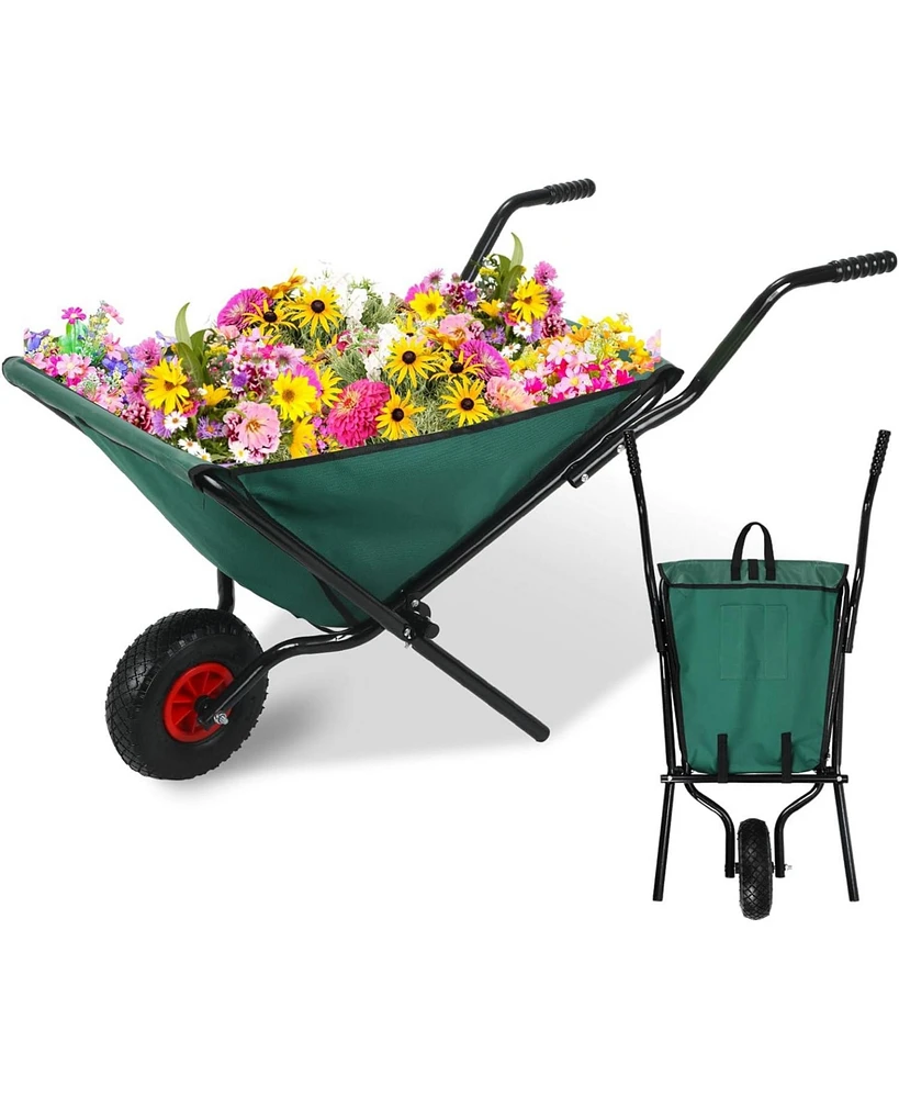 Simplie Fun Collapsible Wheelbarrow 176 lbs Folding Yard Garden Wheelbarrow Foldable Lightweight Gardening Heavy Duty Oxford Cloth Green Lawn Cart for