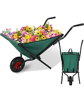 Simplie Fun Collapsible Wheelbarrow 176 lbs Folding Yard Garden Wheelbarrow Foldable Lightweight Gardening Heavy Duty Oxford Cloth Green Lawn Cart for