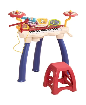 2 in 1 Kids Piano Keyboard with Drum Set, 32-Key Electronic Musical Instrument with Multiple Sounds, Lights, Microphone, Stool, MP3, U-disk, Auto-Hibe