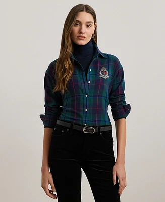 Lauren Ralph Petite Plaid Beaded Crest Shirt