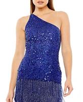 Mac Duggal Women's One Shoulder Fringe Beaded Mini Dress