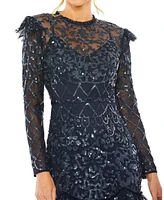 Mac Duggal Women's High Neck Flutter Cap Long Sleeve Tiered Embellish