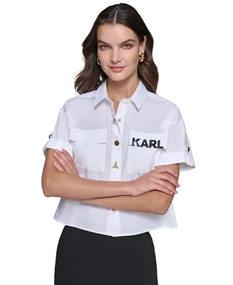 Karl Lagerfeld Paris Petite Cotton Cropped Shirt