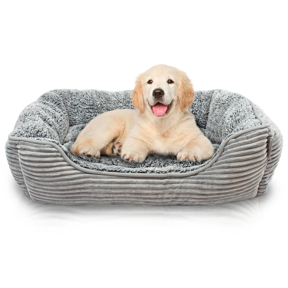 Details Rectangle Dog Bed, Durable Sleeping Calming Cuddler for Pets, Super Plush Corduroy Sherpa