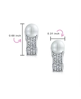 Bling Jewelry Crystal Pearl Huggie Clip-On Earrings Non-Pierced Ears Silver Plated