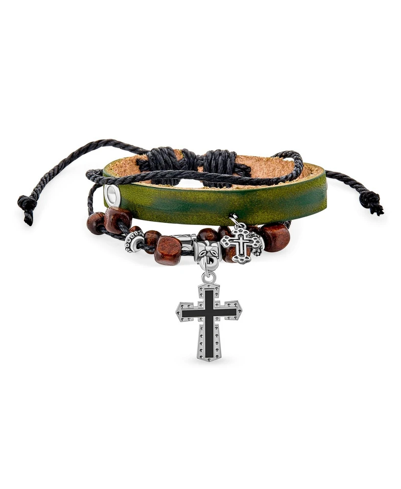 Bling Jewelry Retro Boho Black Cross Leather Triple Wrap Multi Layer Charm Bracelet Adjustable