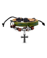 Bling Jewelry Retro Boho Black Cross Leather Triple Wrap Multi Layer Charm Bracelet Adjustable