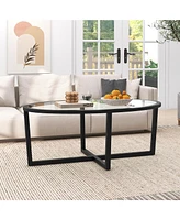Gymax Modern Glass Coffee Table w/ Cross Base & Acacia Wood Legs for Small Spaces