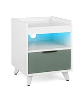 Gymax Nightstand Modern Beside End Table w/ Led Lights Open Compartment & Drawer