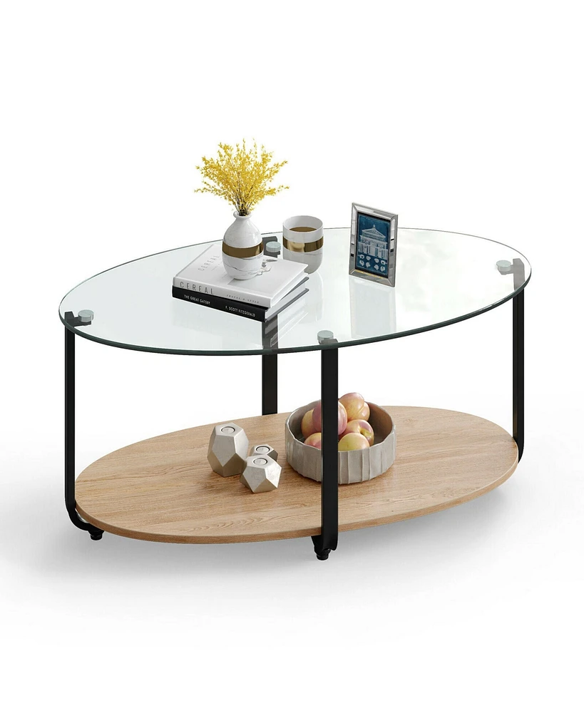 Gymax Glass-Top Coffee Table 2-Tier Modern Oval Side Sofa Table w/ Storage Shelf