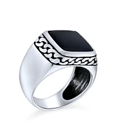 Bling Jewelry Chain Link Accent Statement Rectangle Signet Natural Black Onyx Ring Silver