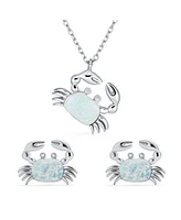 Bling Jewelry Tropical Vacation Nautical Created White Opal Beach Sand Crab Dangling Pendant Necklace For Women .925 Sterling Silver Jewelry Set